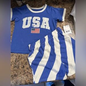 Blue USA T-Shirt and Striped Shorts Set